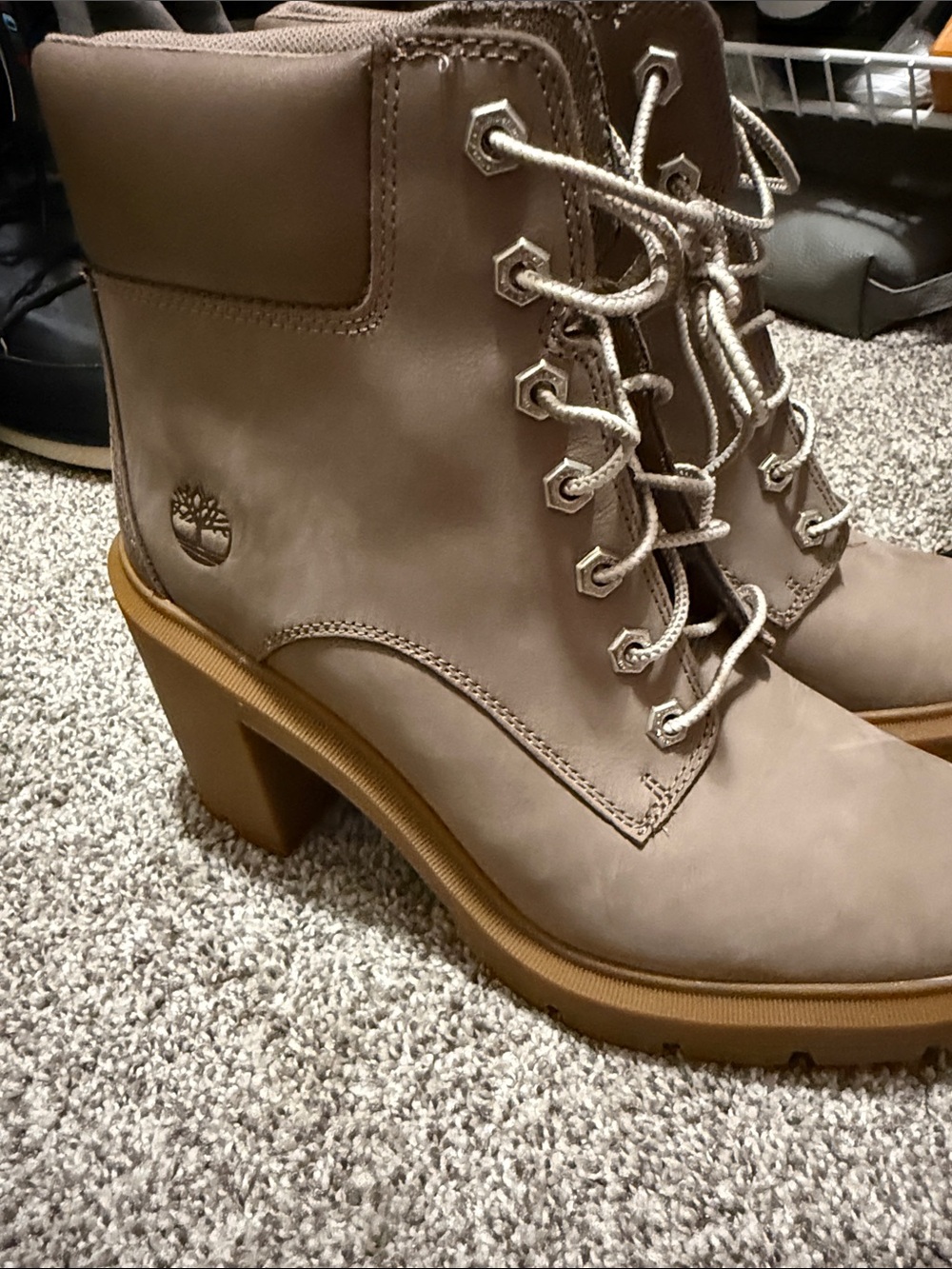 Timberland Taupe Lace-Up Heeled Ankle Boots with Tan Lug Sole